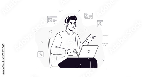 Man with headset and laptop, accessibility icons, online support, remote work