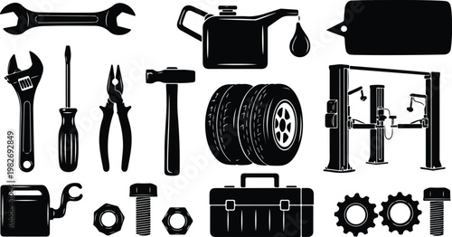 Black and white illustration of car repair tools