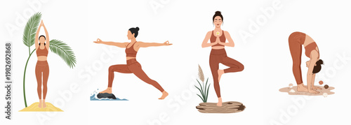 Minimalist vector illustration set of a woman practicing various yoga poses in natural outdoor settings with earthy tones.