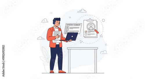 Man with laptop and documents, online job interview, recruitment process