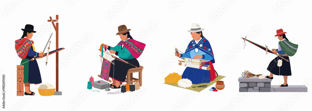 Fototapeta premium Set of illustrations depicting indigenous Andean women in traditional dress practicing traditional textile weaving techniques using manual looms and colorful yarn.