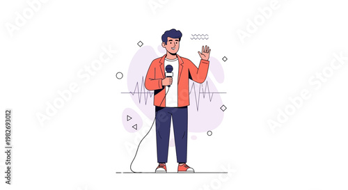 Man with Microphone Waving Hand, Sound Wave Illustration