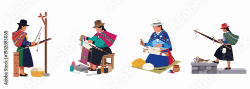 Set of illustrations depicting indigenous Andean women in traditional dress practicing traditional textile weaving techniques using manual looms and colorful yarn.