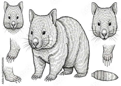 Detailed hand-drawn wombat illustration, presenting its full body and anatomical parts for nature-themed design