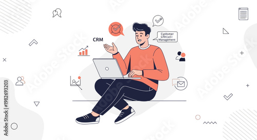 Man working on laptop with CRM and business icons, digital marketing concept
