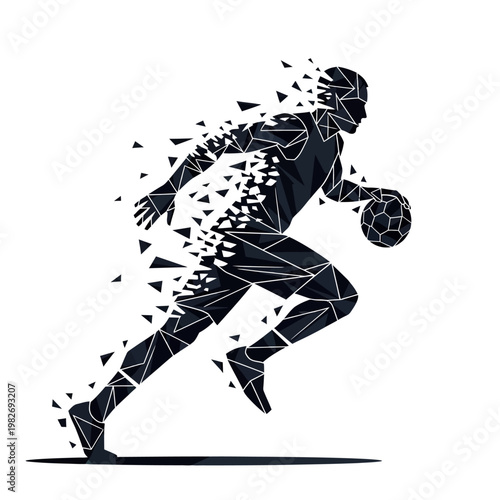Abstract Basketball Player Dribbling Ball, Geometric Polygon Design, Dynamic Motion