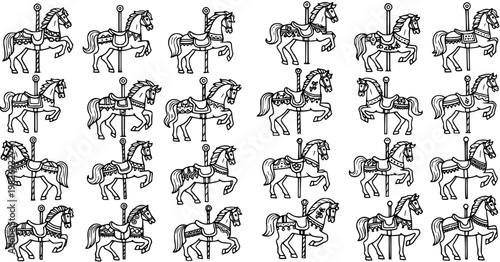 Black and White Line Art Carousel Horses Vector Pattern for Amusement Park and Carnival Entertainment