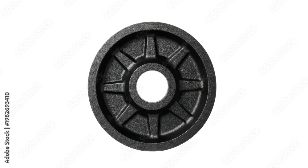 Fototapeta premium Dark gray textured weight plate with central hole and radial spokes fitness exercise, Isolated On Png Transparent Background