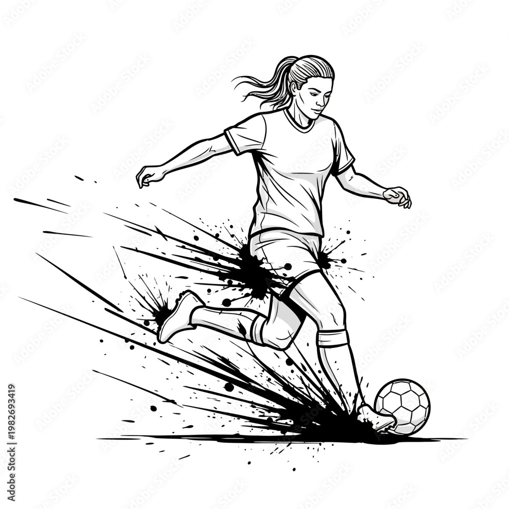 Fototapeta premium Dynamic Woman Soccer Player Kicking Ball with Splatter Effect