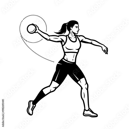 Female athlete throwing shot put in a dynamic pose, black and white illustration