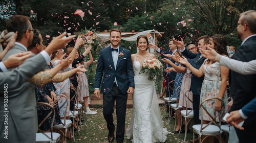Happy bride and groom walking down the aisle while guests toss pink flower petals at an outdoor garden wedding.