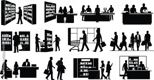Black and White Silhouette Icons Set of People Shopping, Working at Counter, and in Retail Store Environments