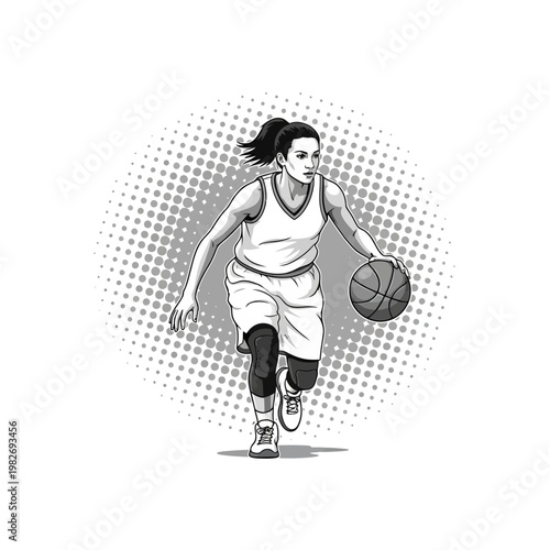 Female basketball player dribbling ball, dynamic action shot, black and white illustration