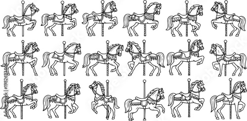 Black and White Line Art Seamless Pattern of Amusement Park Carousel Horses