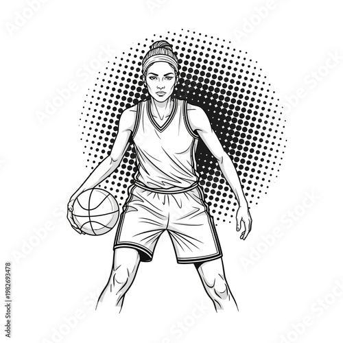 Female Basketball Player Holding Ball, Ready to Play, Dynamic Pose, Halftone Background