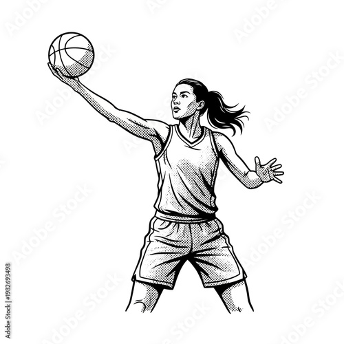 Female basketball player throwing ball, action shot, dynamic pose, black and white illustration
