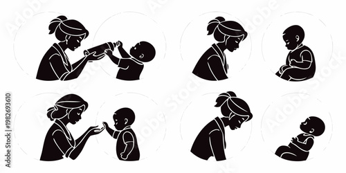 Set of black silhouettes illustrating a mother caring for her baby bottle feeding tender interaction the baby resting symbolizing maternal love and infant care with parenting, interaction