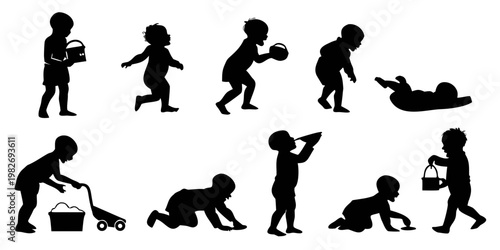 Silhouette collection of toddlers and babies playing crawling running and engaged in childhood activities for family and parenting design concepts with silhouette crawling childhood activity