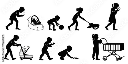 Black silhouette set of children and toddlers playing with toys pushing strollers and shopping carts in various developmental stages and daily activities silhouette stroller shopping