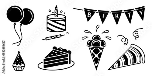 Collection of birthday party icons featuring balloons birthday cake with candle bunting banner party hat cake slice ice cream and popper in black and white style birthday celebration balloons