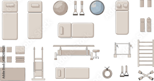 Flat Design Home Gym Equipment Set Featuring Exercise Mats, Weights, Bench, and Gym Accessories