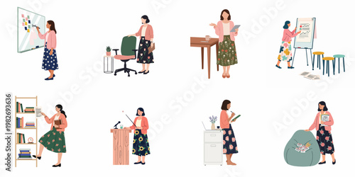 Collection of flat vector illustrations depicting a professional woman engaged in various office activities, from giving presentations to organizing tasks and researching.