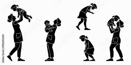 Collection of black silhouettes showing a mother and young child in various interactions playing carrying bending down illustrating maternal care and family bonding with parenting, interaction