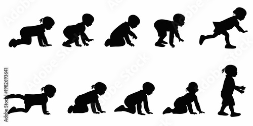 Developmental progression silhouettes of a baby learning to crawl and take first steps towards walking with silhouette development progress milestone childhood movement learning activity