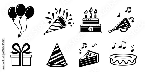 Set of black and white party and celebration icons including balloons party popper birthday cake horn gift box party hat and dessert graphics for event design with celebration, birthday