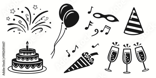 Collection of black and white party icons featuring a birthday cake balloons fireworks champagne glasses mask and party hat for celebration design elements celebration birthday champagne