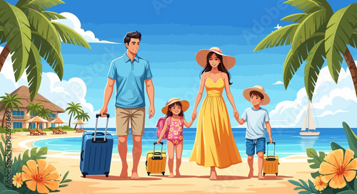 A family of four, holding hands and pulling suitcases, walks along a sandy beach with palm trees and a blue sky in a colorful, cartoon-style illustration conveying a cheerful and relaxing
