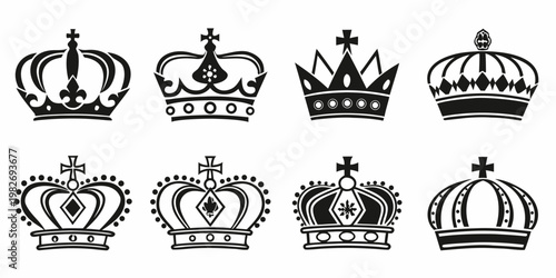 Set of eight diverse regal crown illustrations for royalty concepts with illustration monochrome collection nobility sovereign heraldry medieval silhouette template ornament decoration