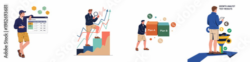 Professional growth analyst character set showing data analysis, A/B testing, business planning, and sales funnel optimization with charts and graphs.