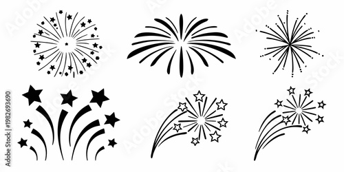 Abstract fireworks and starburst graphics set with black and white fourth of july fireworks celebration abstract starburst explosion festivity illustration collection drawings