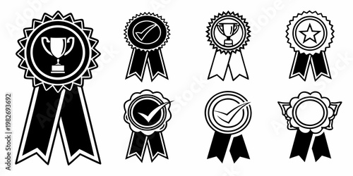 Collection of award ribbons and badges with trophy and checkmark icons first place black and white achievement award competition winner excellence award gold medal participation trophy