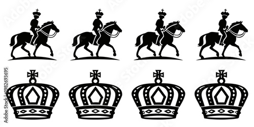 Knights riding horses and royal crown icons set with equestrian heraldic monochrome silhouette medieval majestic nobility illustration collection isolated horseback medievalism