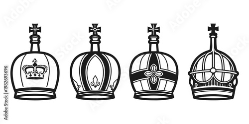 Four distinct bottle shaped royal icons with decorative crown motifs monochrome container silhouette illustration branding beverage minimalist isolated template creative ornament