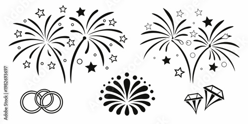 Celebration icons: fireworks wedding rings diamonds with black and white celebration fireworks diamonds festivity anniversary marriage happiness sparkler explosion occasion engagement