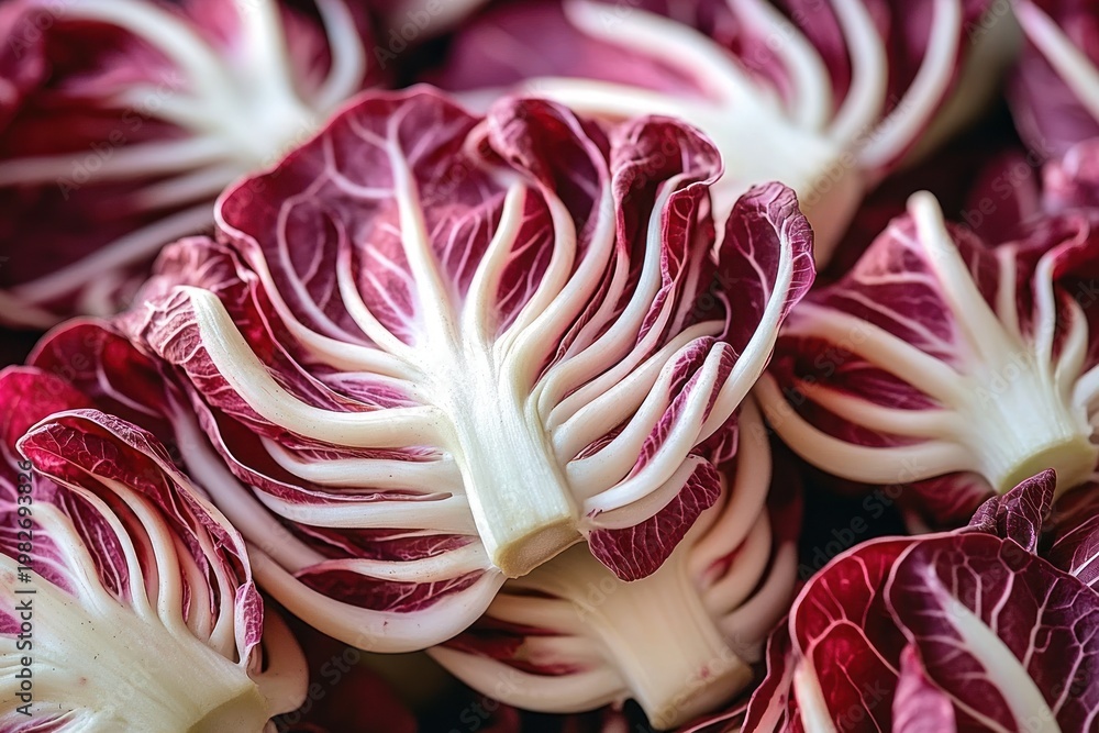 Obraz premium Close-up of halved radicchio heads with vivid burgundy and white veins, fresh crisp leaves conveying vibrant appetizing energy