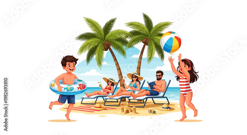 Cartoon illustration of a family relaxing on a sandy beach with palm trees as a young girl throws a beach ball and her brother runs with a swim ring, conveying a joyful mood on a sunny day