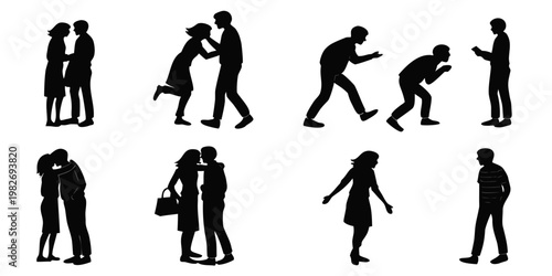 Collection of black silhouettes depicting couples in various romantic and daily interactions with silhouettes romantic interaction embracing relationships lifestyle character illustration