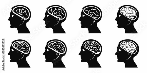 Human head profile silhouettes with various brain anatomy illustrations representing mental health psychology neurology and cognitive process concepts silhouette psychology neurology