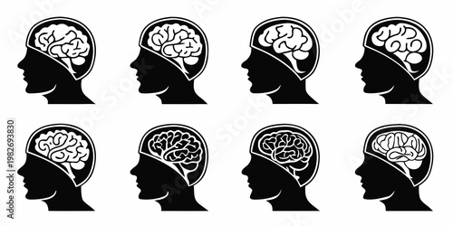 Anatomical brain icons inside human head silhouettes featuring different neural patterns and cortical structures for neurological research mental health awareness and medical biology, silhouette