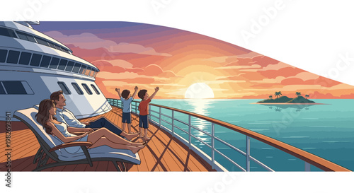 Illustrated scene of a family on a cruise ship deck watching a vibrant sunset over the ocean, with the parents relaxing on lounge chairs and the children waving towards the horizon