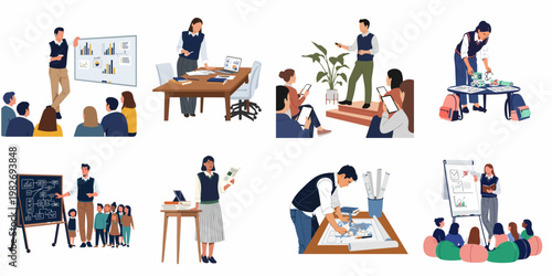 Flat vector illustrations of diverse professional and educational scenes including business presentations, classroom lectures, collaborative teamwork, and individual study sessions.