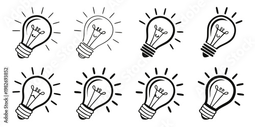 Set of eight glowing light bulbs in black and white outline style representing ideas innovation energy creative solutions with light bulb problem solving line art hand drawn electric