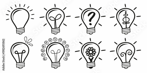 Hand-drawn lightbulb icons with various concepts representing ideas creativity problem-solving inspiration on a white background question mark lightbulb creativity solution innovation