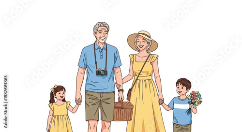 A cheerful family of four, including grandparents and grandchildren, are depicted holding hands and walking together in matching yellow outfits against a simple white background