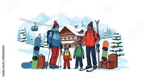 A family wearing winter clothes, skis, snowboards, and suitcases is depicted in a colorful cartoon illustration with a mountain cabin and ski lift in the snowy alpine background