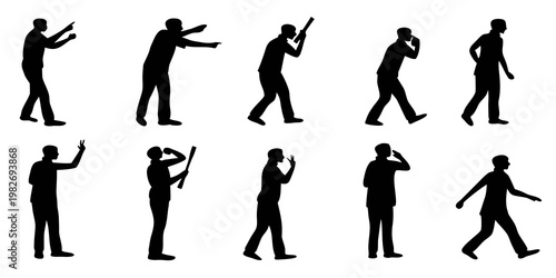 Set of black silhouettes of people in various poses showing human body language gestures with silhouette standing pointing language communication expression character isolated collection